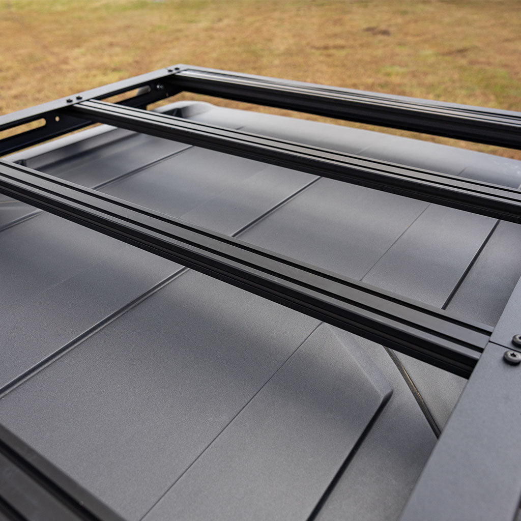 Close up of RTR Bronco Roof Rack & Light Bar for 21+ Bronco, 22+ Bronco Raptor: Steel rack with aluminum crossbars