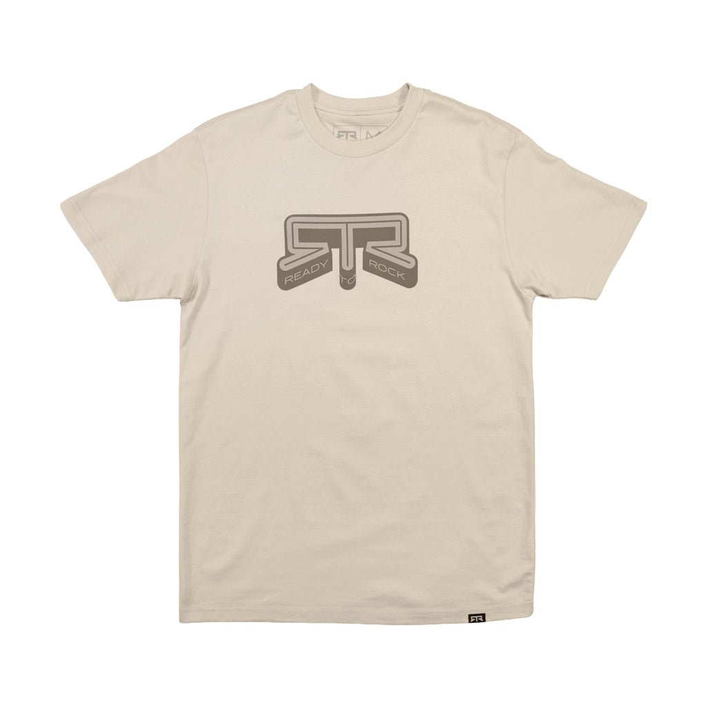 Bone colored RTR Core T-Shirt with tonal RTR Ready to Rock graphic, flat lay front view.