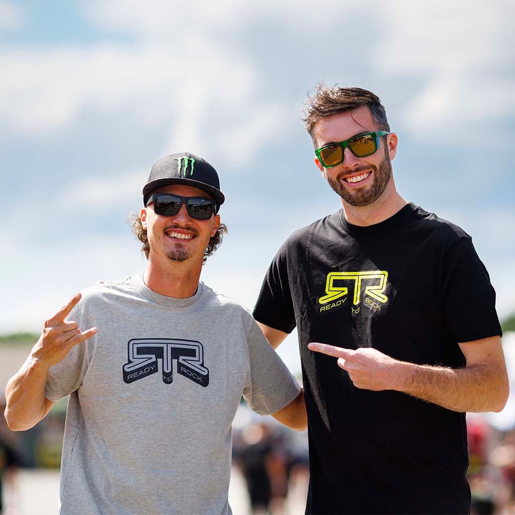 Ben Hobson and James Deane wearing RTR Core T-Shirts in Athletic Heather and Black outdoors.