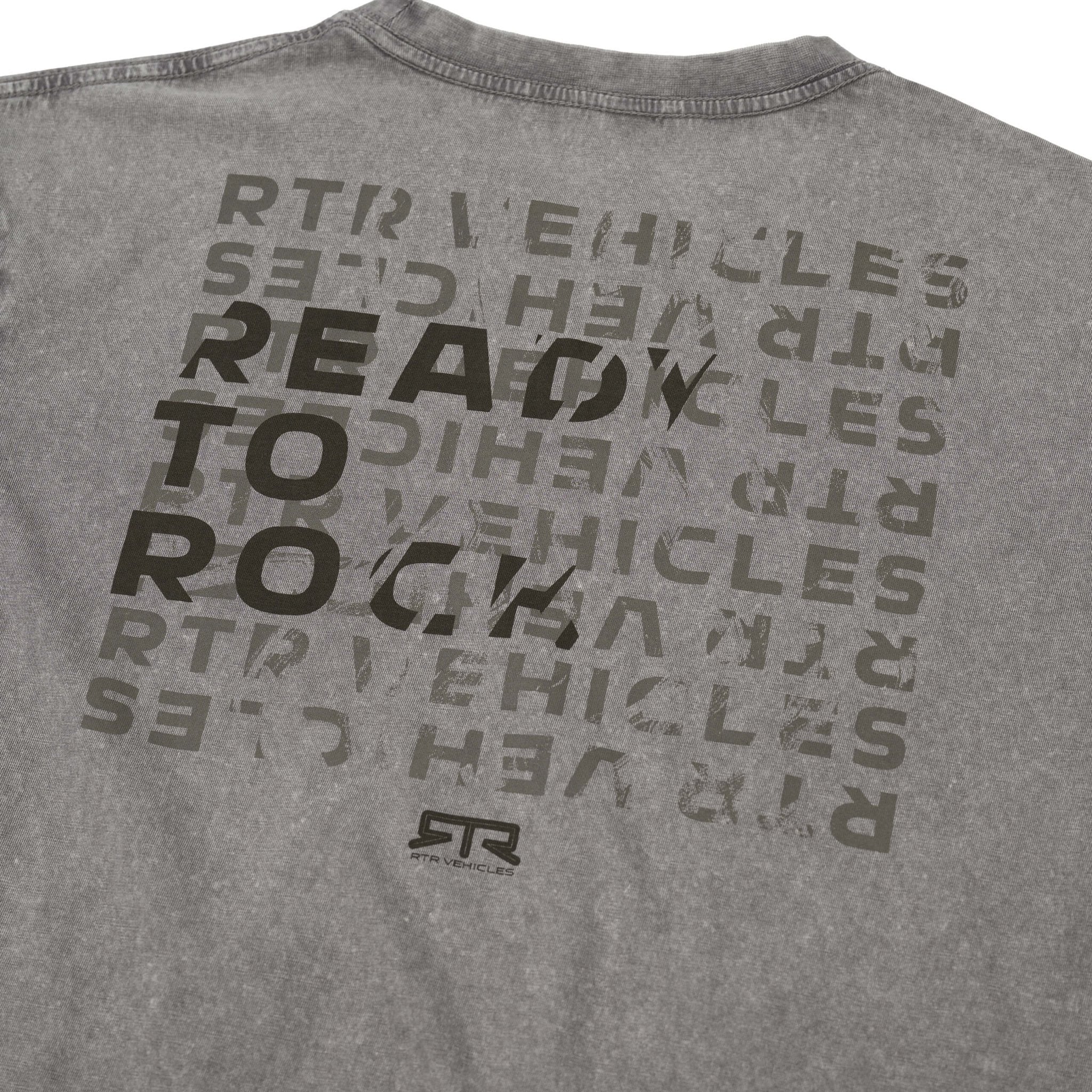 RTR Distressed T-Shirt featuring a tonal RTR logo on grey fabric, highlighted by black text, offering a clean, minimal style with subtle detailing.