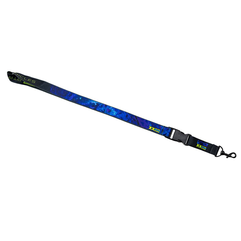 RTR Drift Team Lanyard featuring a blue strap with hyper lime writing and a quality metal hook, showcasing elements from the 2024 RTR Drift Team's liveries.