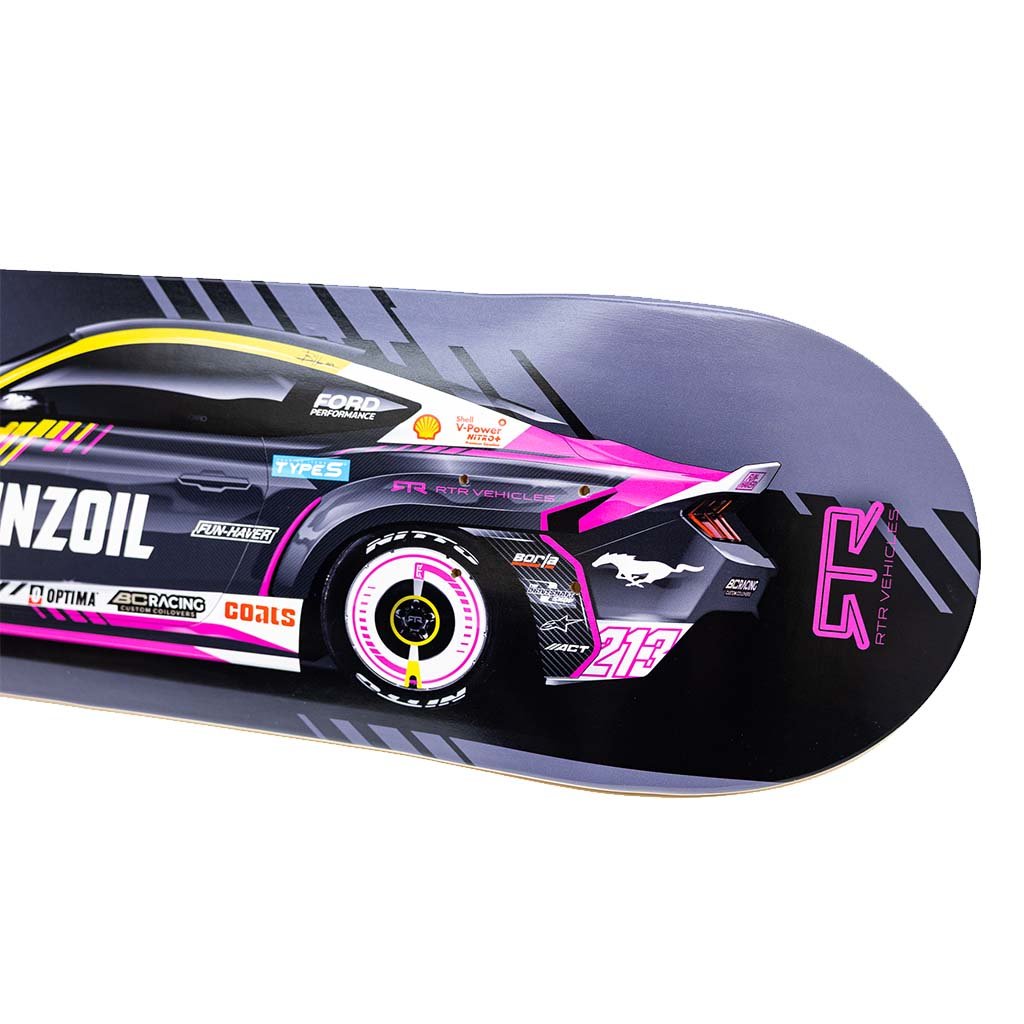 Close-up of an RTR Drift Team Skate Deck featuring a detailed race car graphic, showcasing the 2025 Mustang RTR Spec 5-FD design by Vaughn Gittin Jr.
