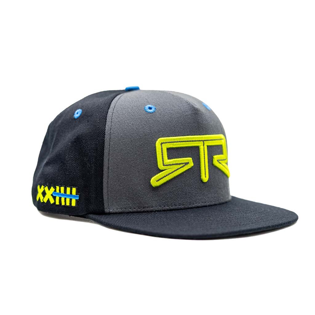 RTR Drift Team Snapback cap featuring yellow embroidered logo, structured crown, and flat brim, designed for motorsports fans with custom detailing inspired by drivers.