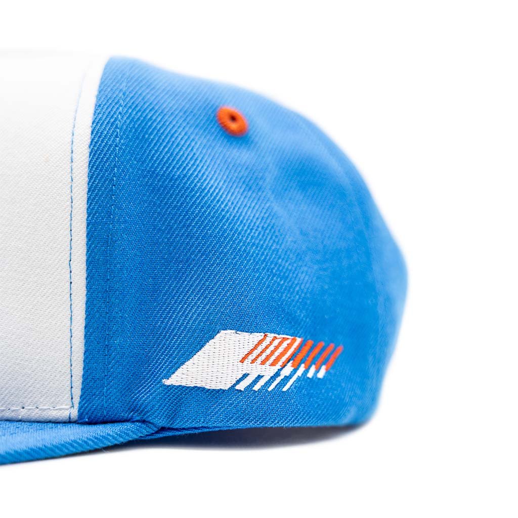 Close-up of the RTR Drift Team Snapback, showcasing the structured crown, flat brim, and detailed embroidery, designed for motorsports enthusiasts.