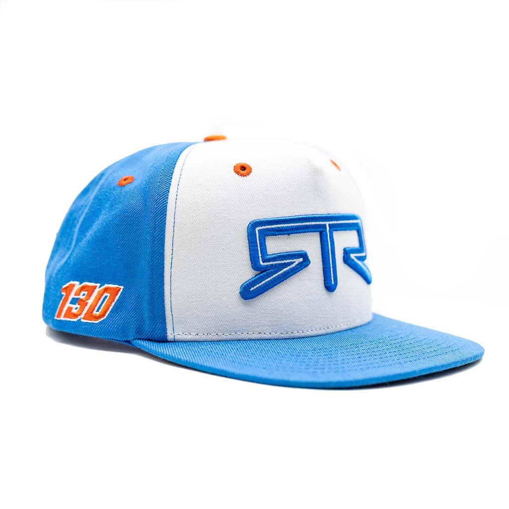 RTR Drift Team Snapback hat featuring a structured crown, flat brim, embroidered RTR logo, and custom-printed underbrim with motorsports-inspired design elements.