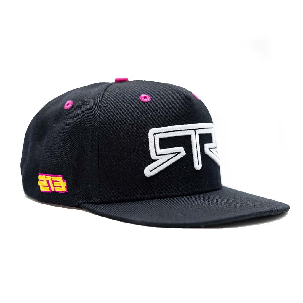 RTR Drift Team Snapback featuring a structured crown, flat brim, and embroidered RTR logo, designed for motorsport fans with driver-specific speedblock embroidery.