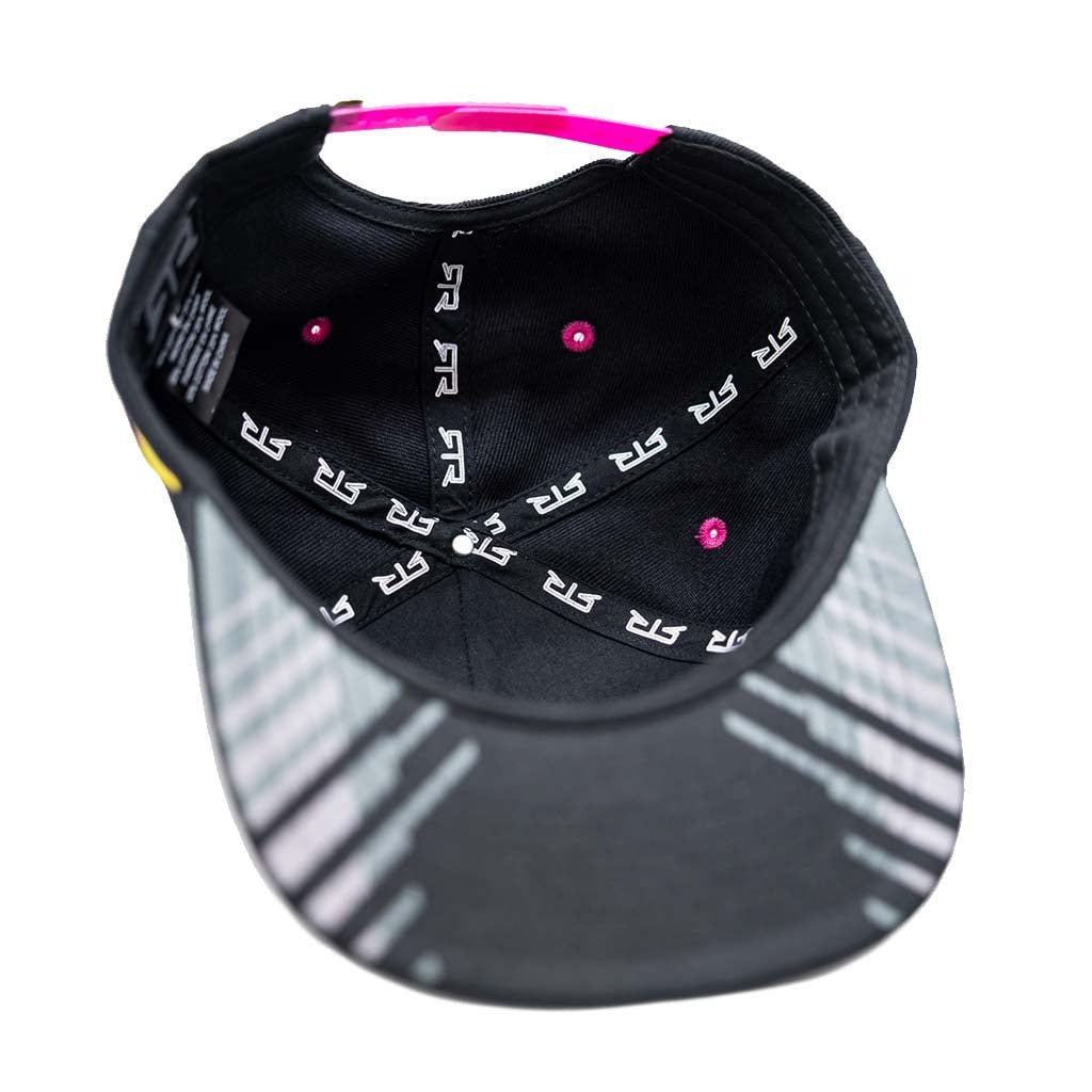 RTR Drift Team Snapback with structured crown, flat brim, and embroidered RTR logo, featuring driver-specific monograms and speedblock embroidery on a casual motorsports design.