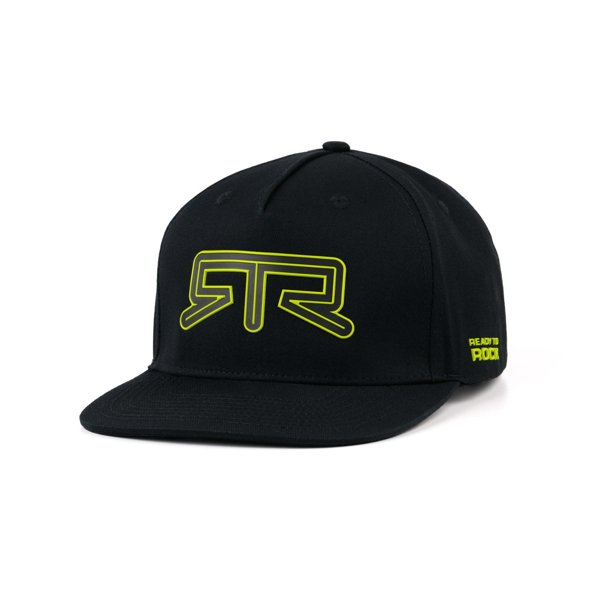 RTR Embroidered Logo Hat featuring a raised yellow RTR logo on front, Ready to Rock text on side, adjustable snapback, and cotton construction for comfort.