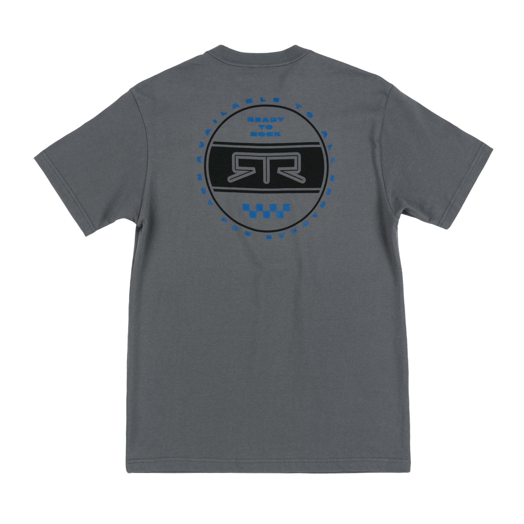 Back view of RTR Heritage Badge T-Shirt displaying bold graphic logo, symbolizing the RTR ethos, on pre-shrunk charcoal cotton for modern style and comfort.