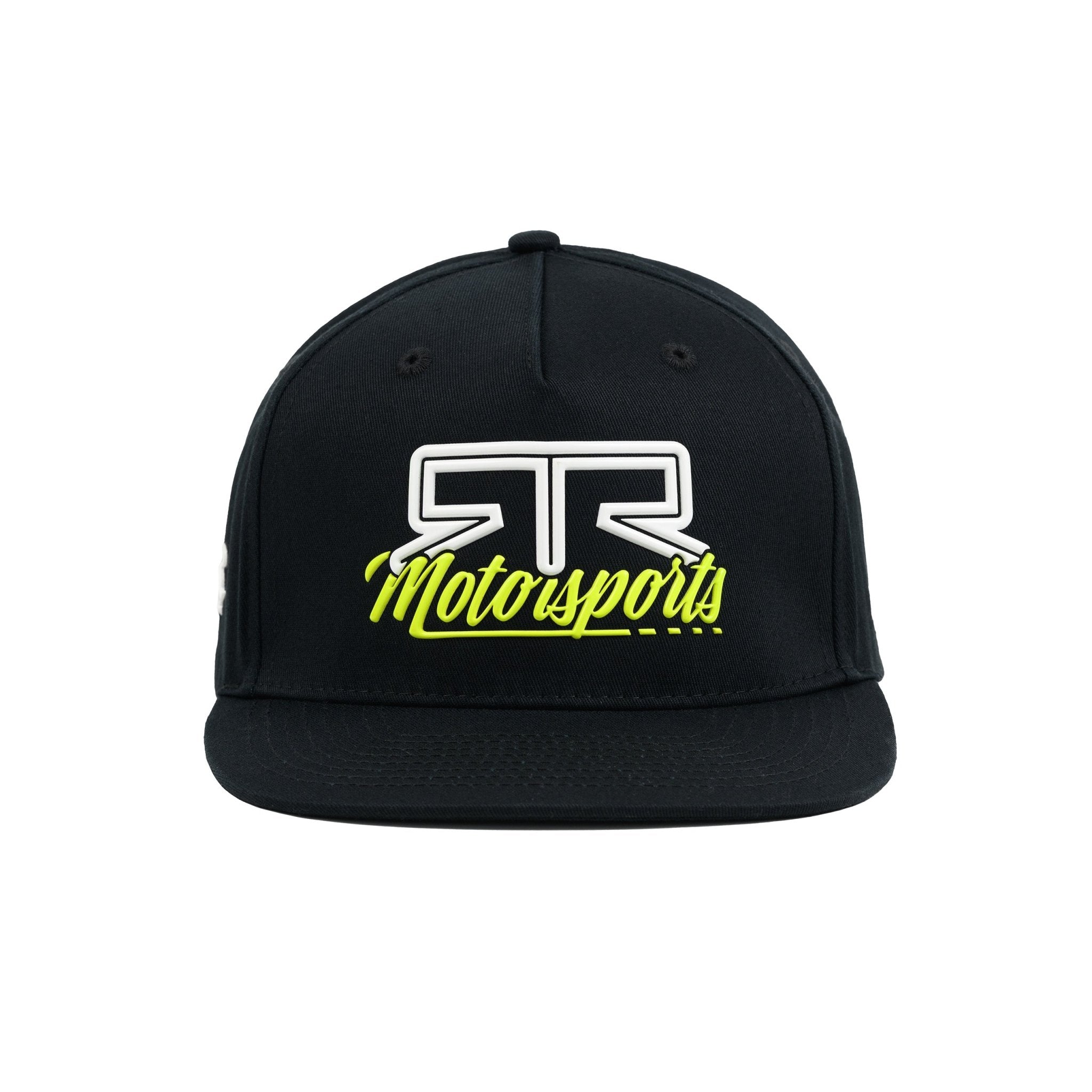 Head on view of rubberized 'RTR Motorsports' logo on a black snapback cap against a white background