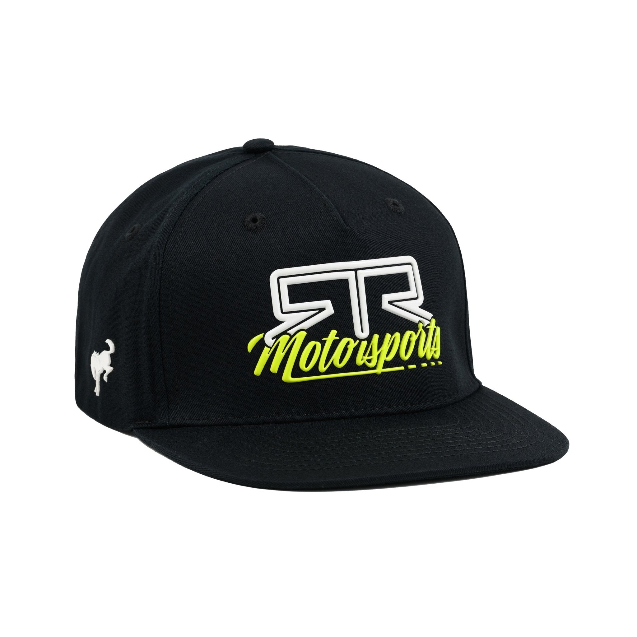 Rubberized 'RTR Motorsports' logo on a black snapback cap against a white background