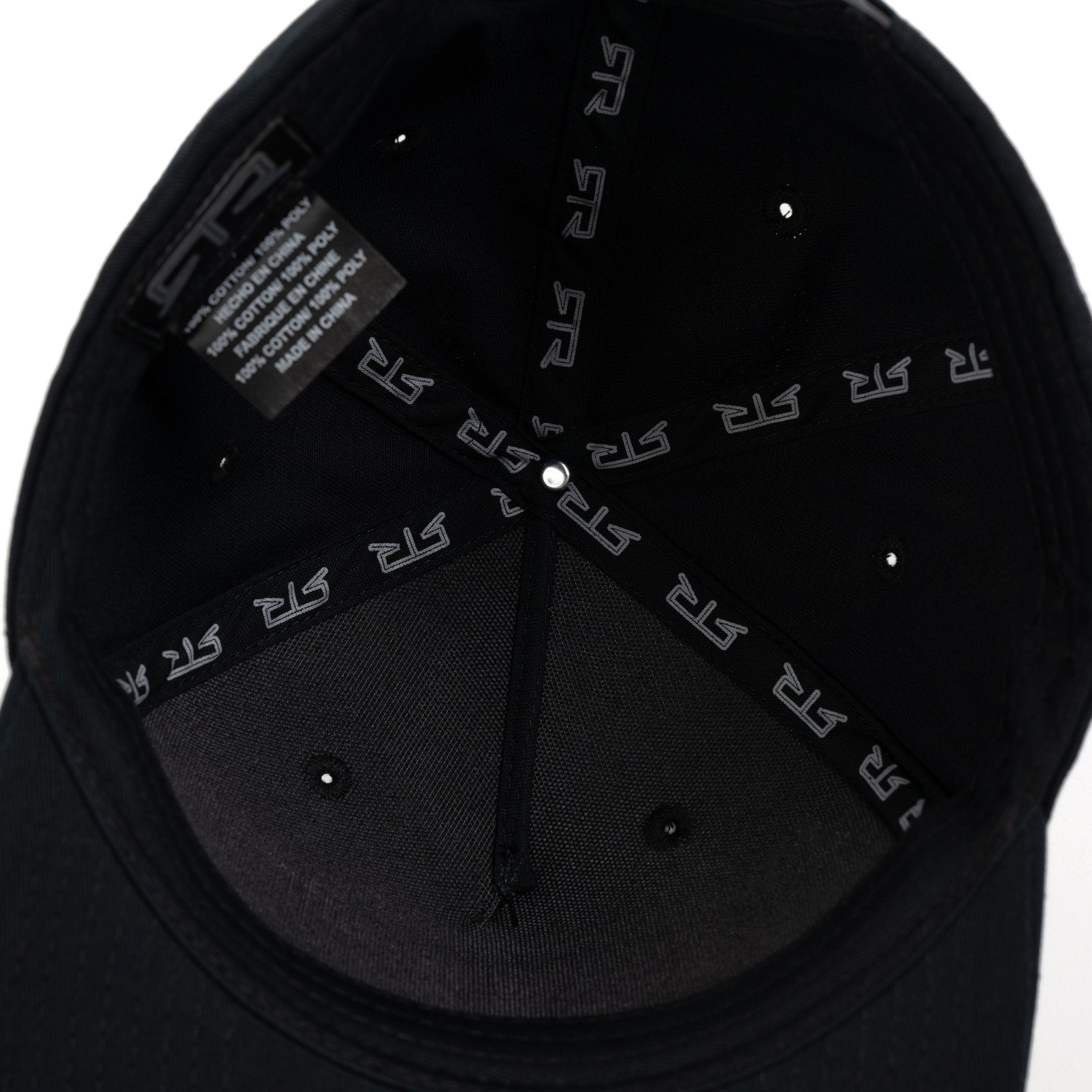 Black cap with RTR logo on the interior lining against a white background