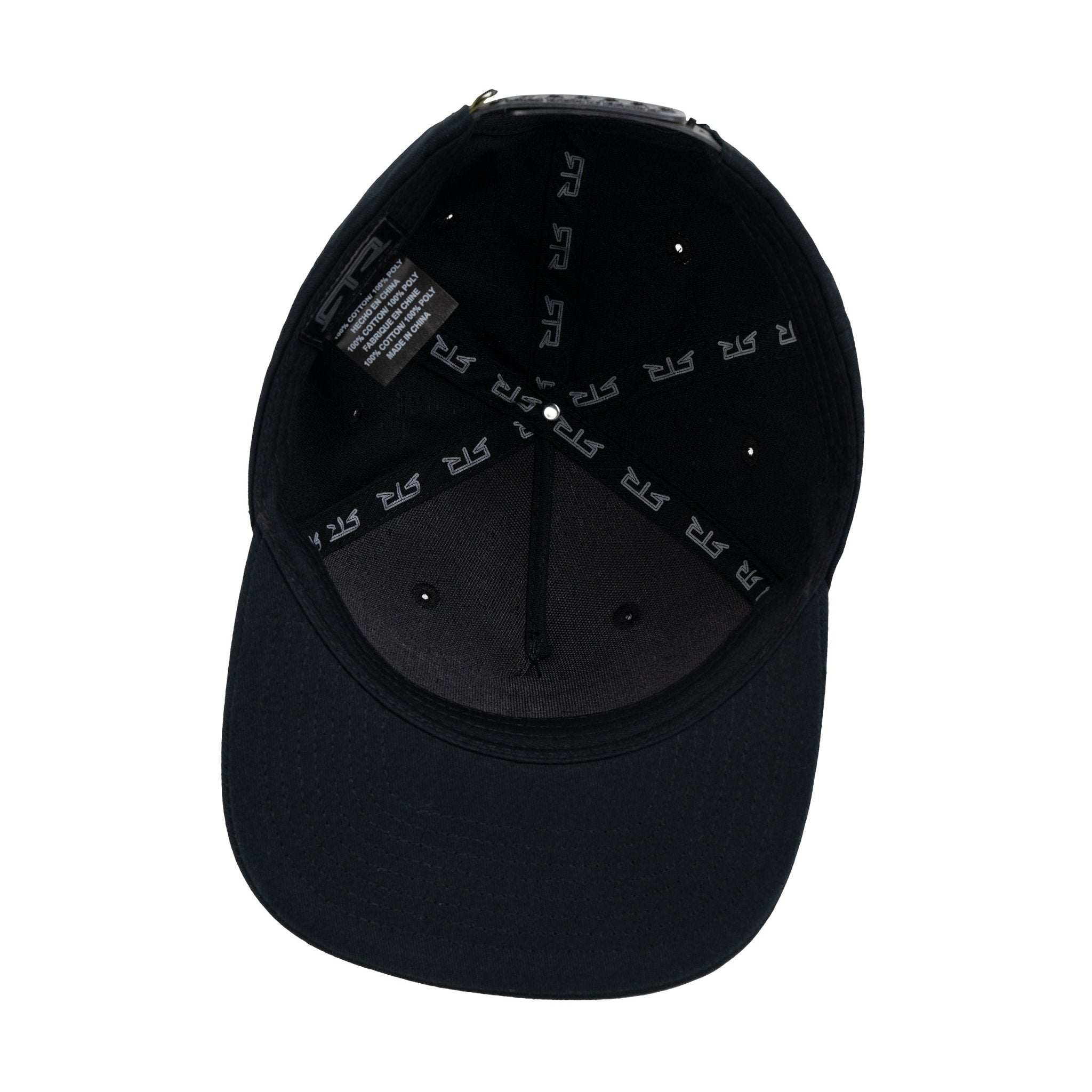 Black cap with RTR logo on the interior lining against a white background