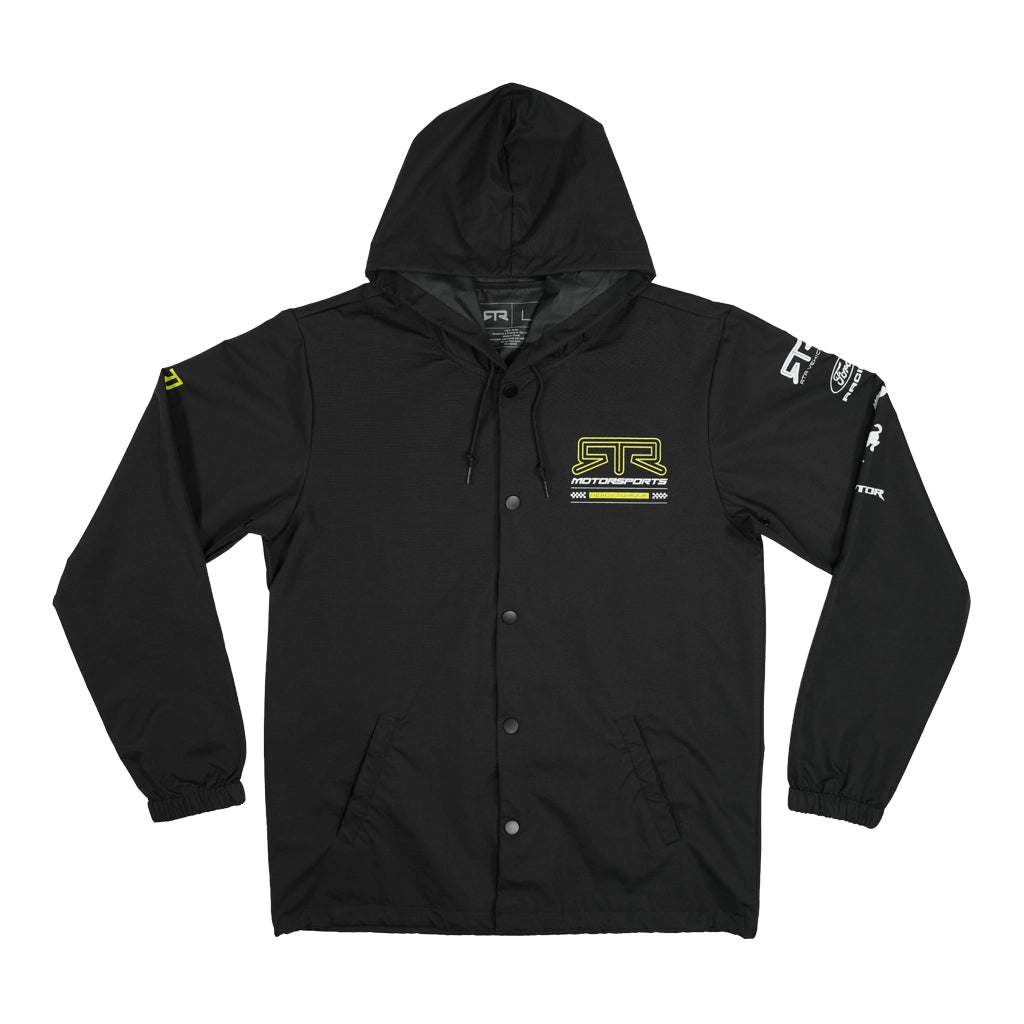 RTR Vehicles Black Waterproof Windbreaker Jacket with Hyperlime and White RTR Motorsports logo on the left chest.