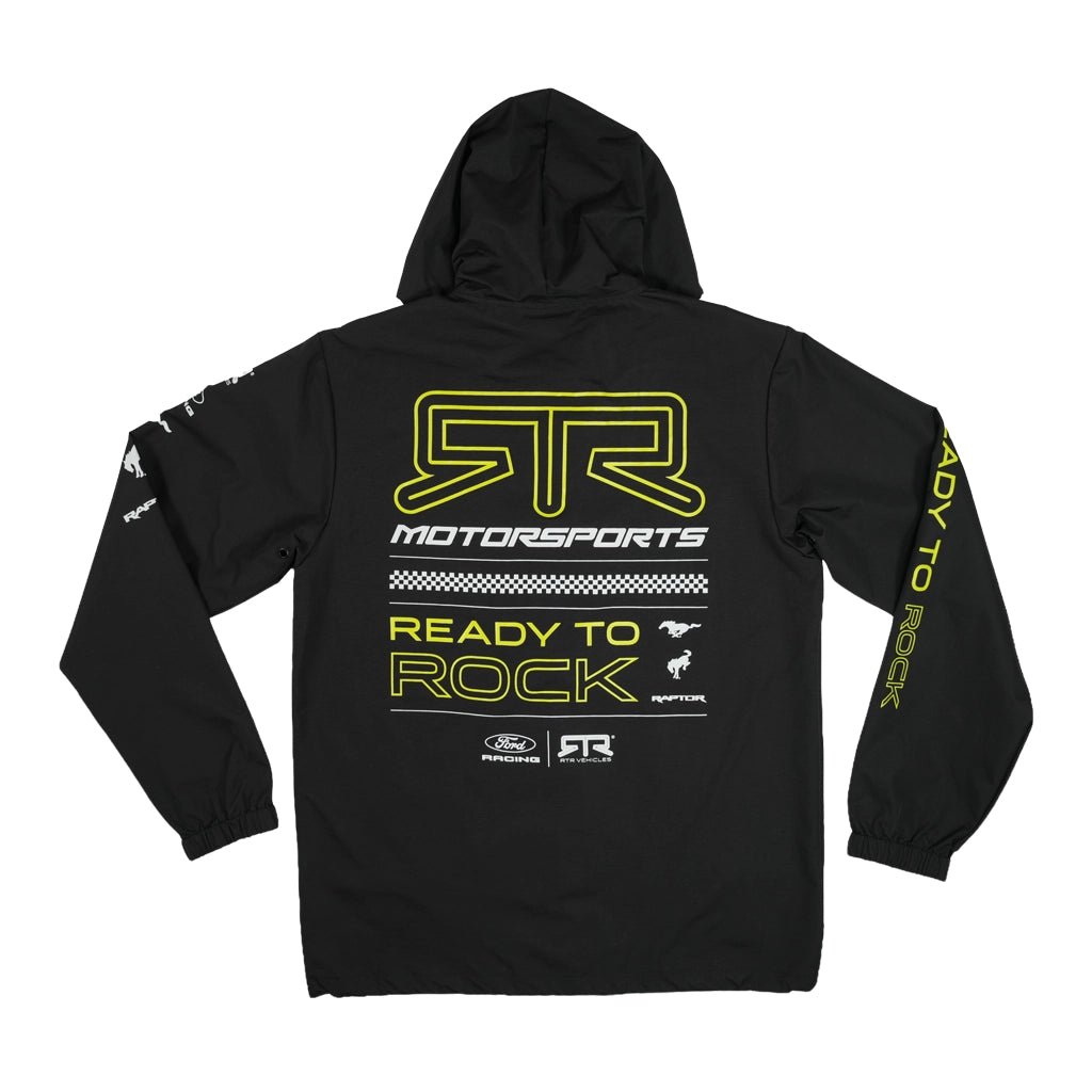 Back view of the RTR Vehicles Black Waterproof Windbreaker Jacket with large Hyperlime and White RTR Motorsports logo on the back.
