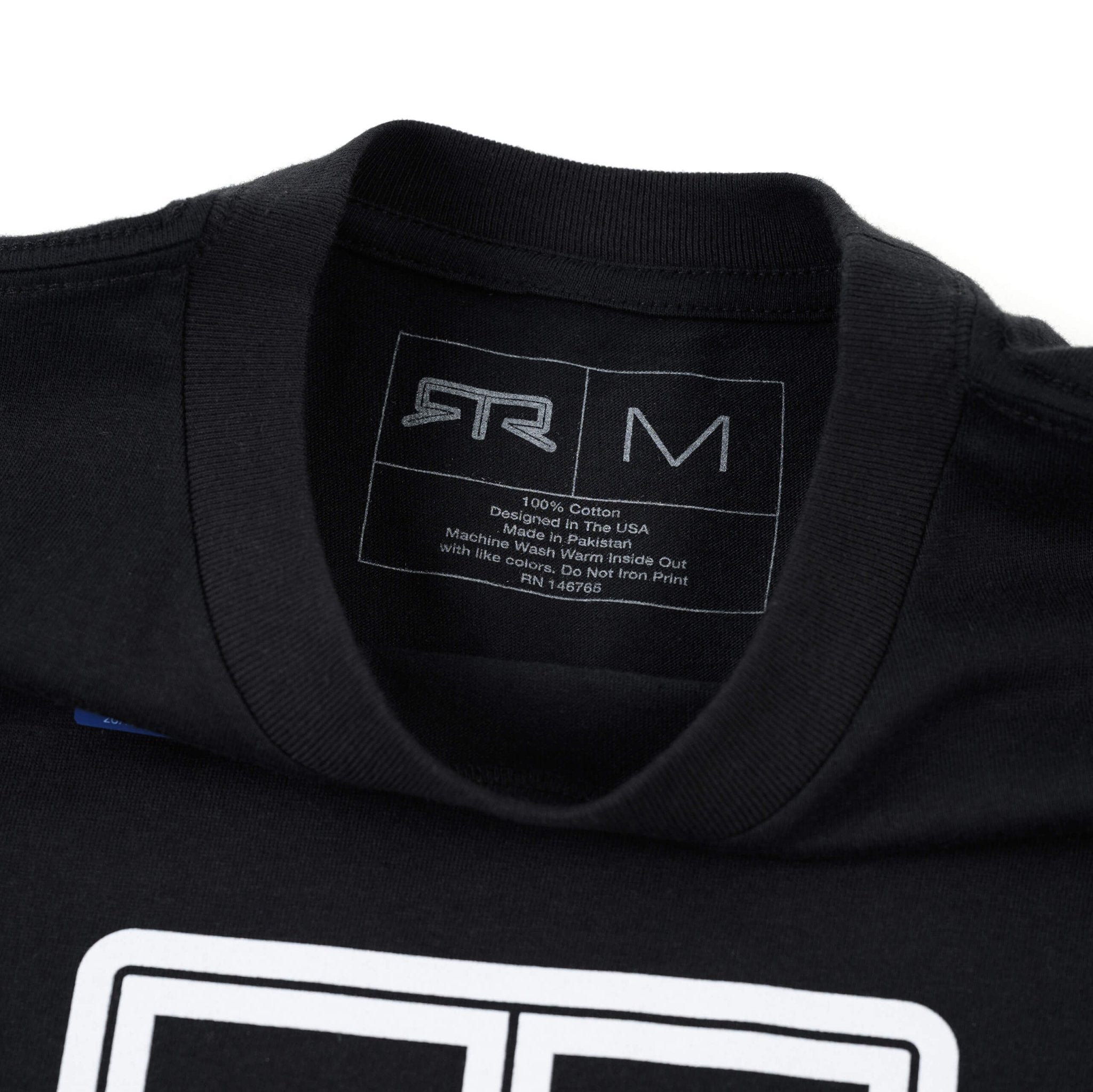 RTR Motorsports T-Shirt featuring bold white text, close-up label, and durable fabric, celebrating RTR's motorsports heritage with Mustang and Bronco graphics.