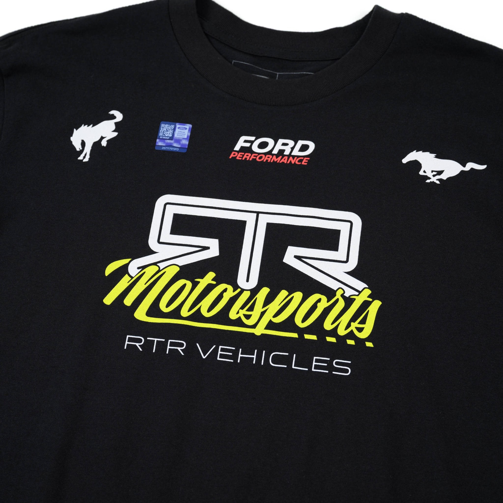 Close-up of the RTR Motorsports T-Shirt showcasing bold graphics inspired by Mustang and Bronco, designed for motorsport enthusiasts, crafted from durable, comfortable ringspun cotton.