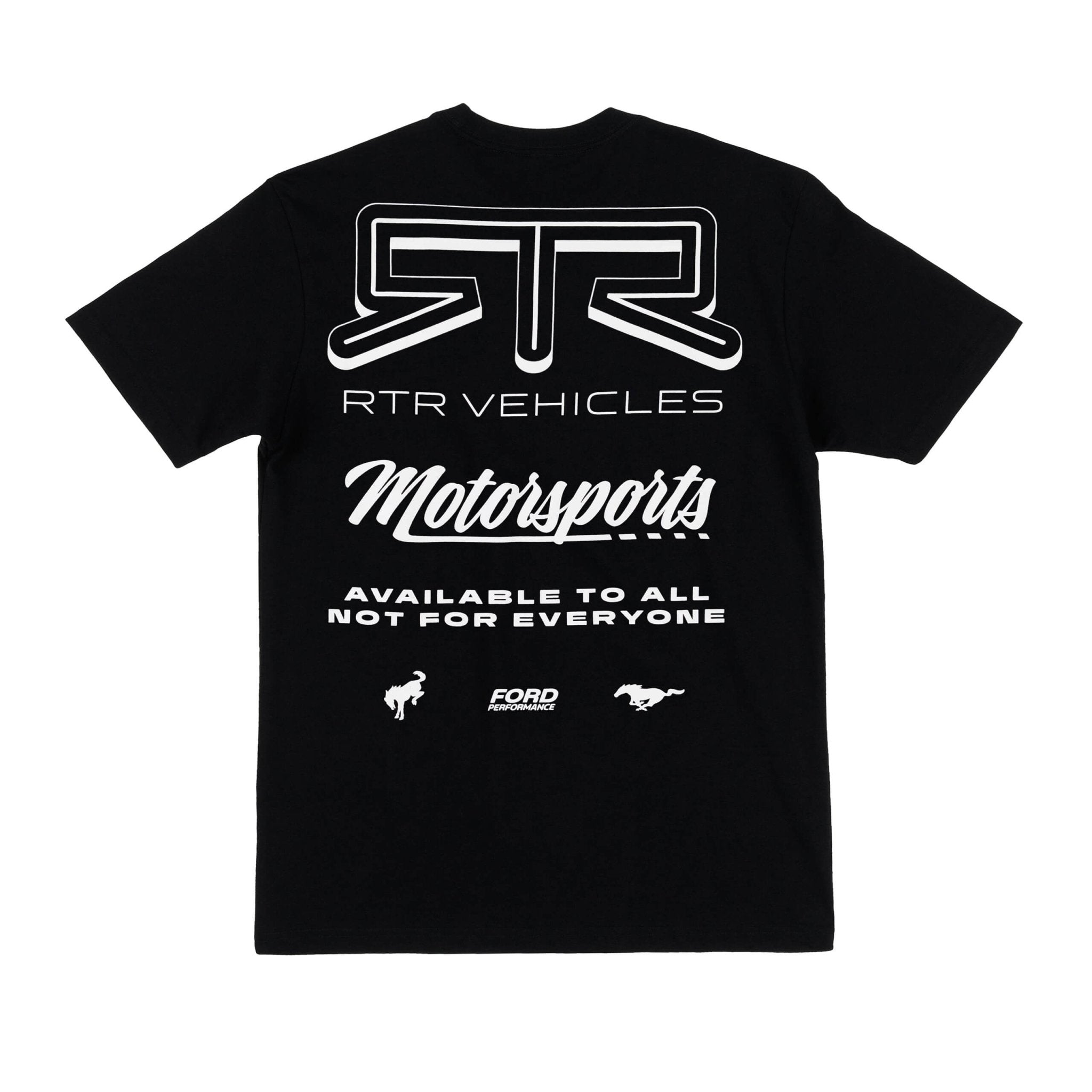 RTR Motorsports T-Shirt featuring bold white text, crafted from 100% ringspun cotton, celebrating motorsport spirit with Mustang and Bronco graphics for comfort and durability.