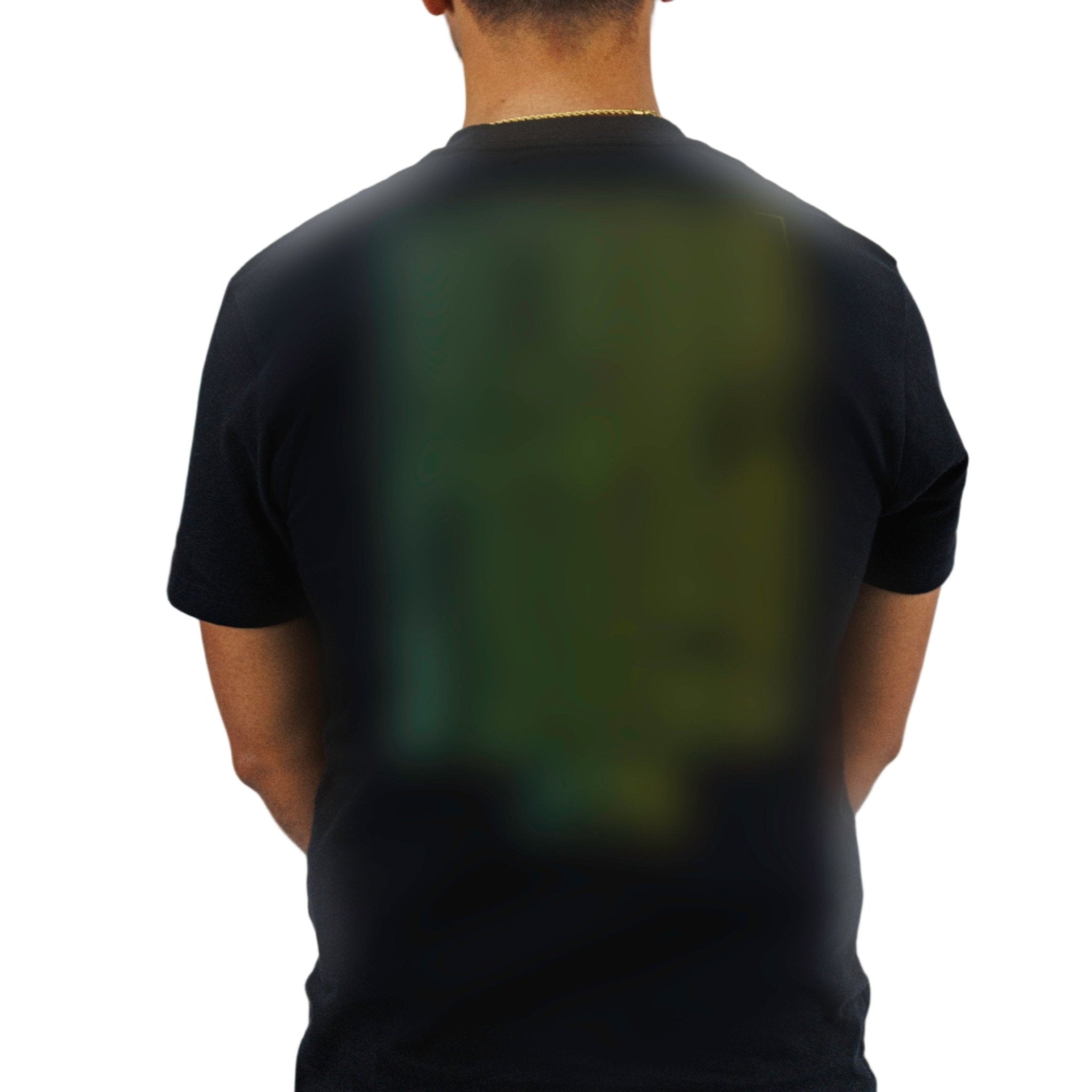 Person wearing a black t-shirt against a white background