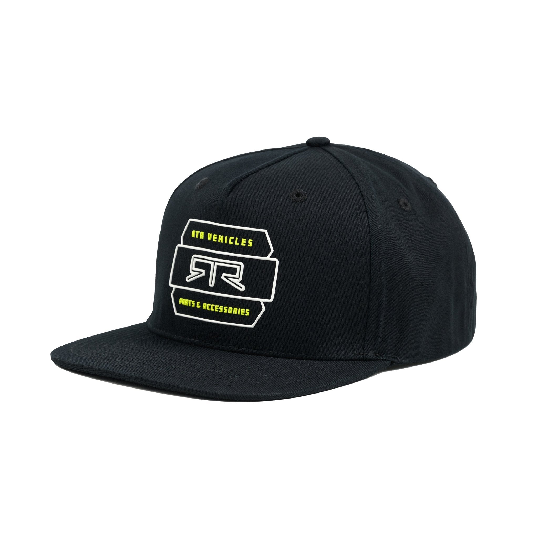 Alternate side view of black cap with a white and hyper lime RTR logo on a white background