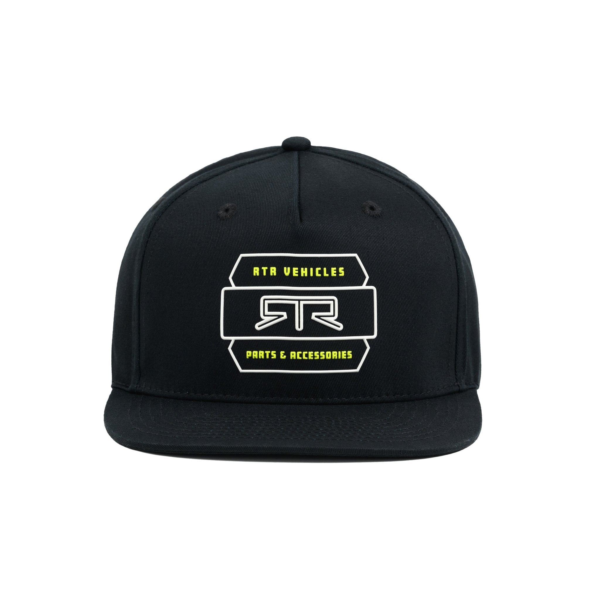 Front view of a black cap with a RTR® logo and "Parts & Accessories" text on a white background