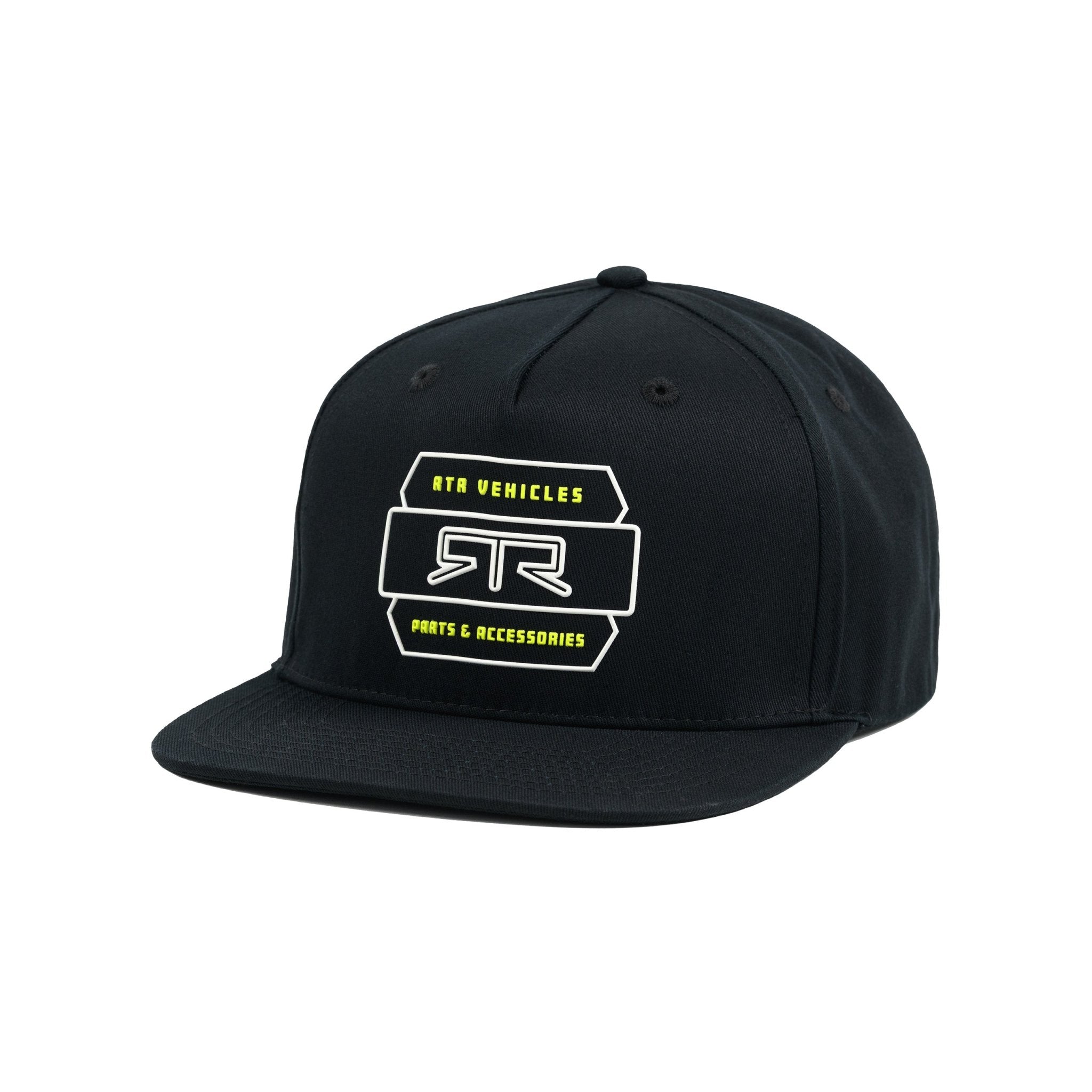 Black cap with a white and hyper lime RTR logo on a white background