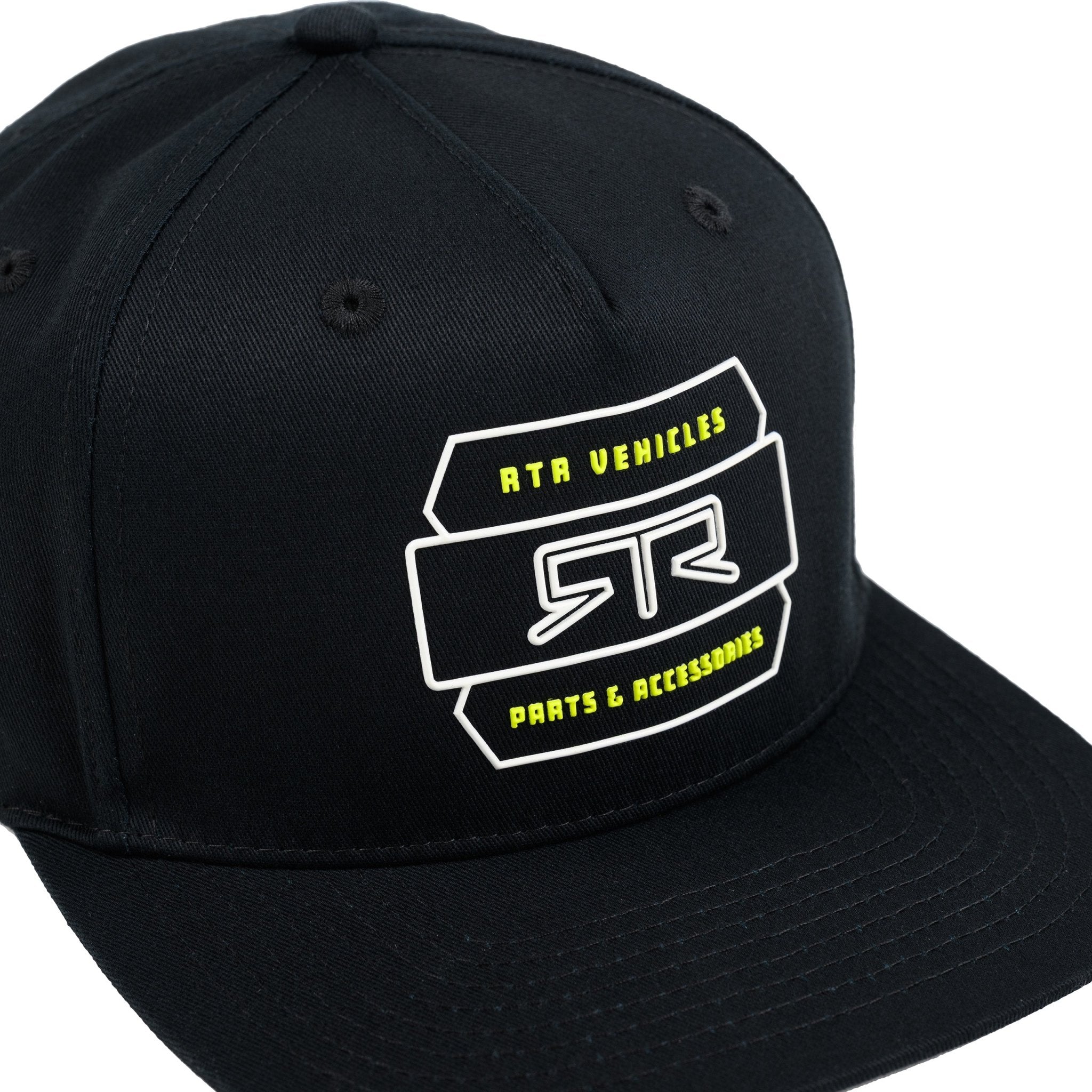 Black cap with white and hyper lime RTR® Vehicles logo on a white background