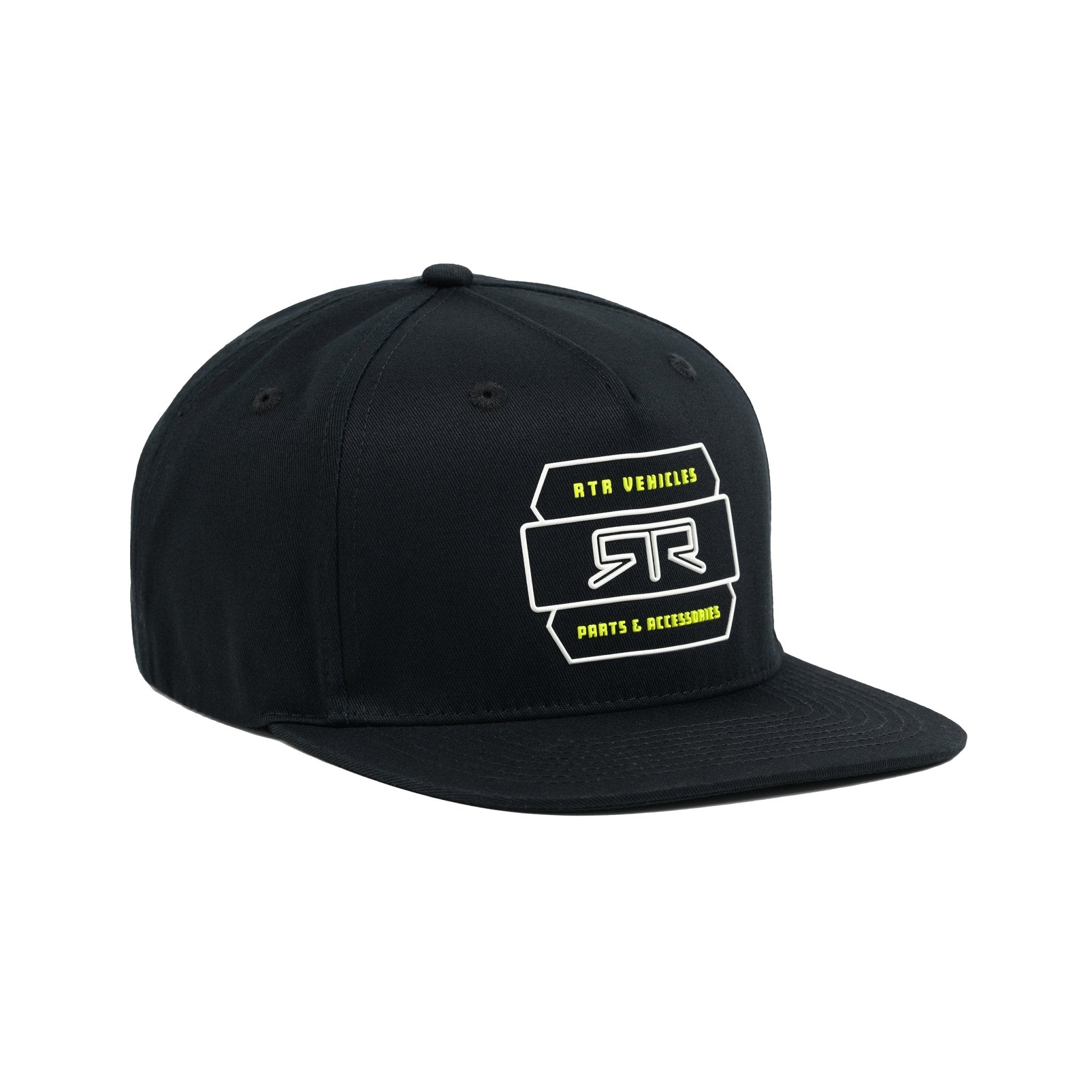 Side view of a black cap with a white and hyper lime RTR logo on a white background