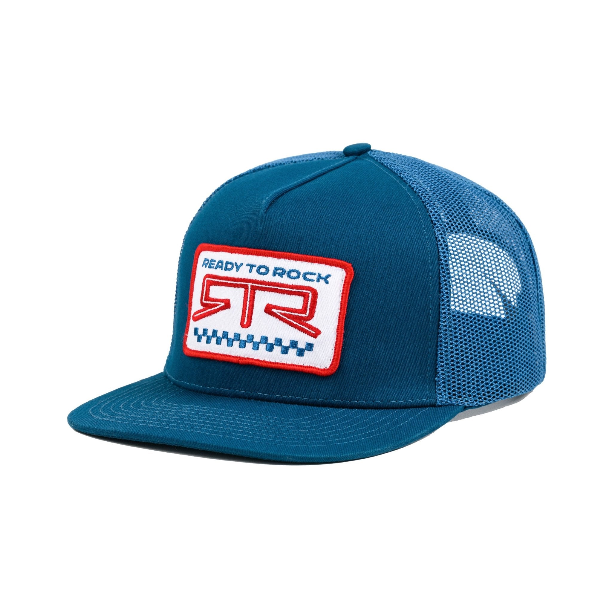 Blue trucker cap with 'Ready to Rock' logo patch on a white background