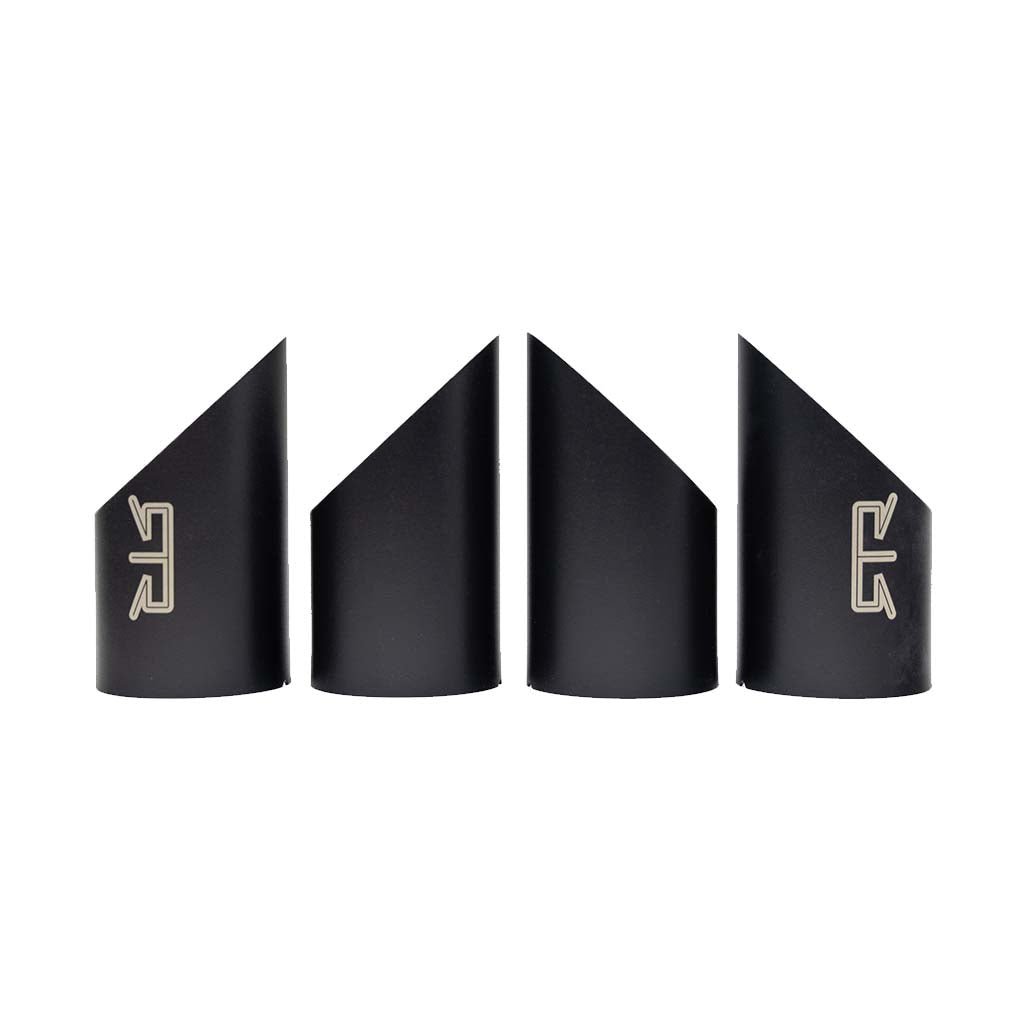 RTR Quad Tip Cover Kit for 2015+ Mustangs, featuring black machined-aluminum caps with angled design and silver STR logo, enhancing quad tip exhaust aesthetics.