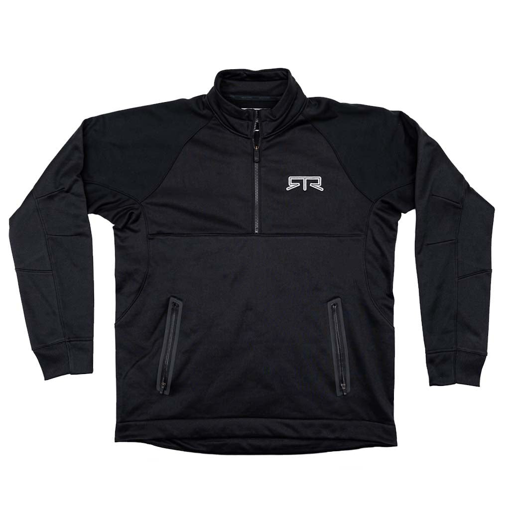 RTR Quarter Zip Pullover featuring a visible quarter zipper, embriodered logo, and sleek design, ideal for layering with raglan sleeves and secure zipper pockets.