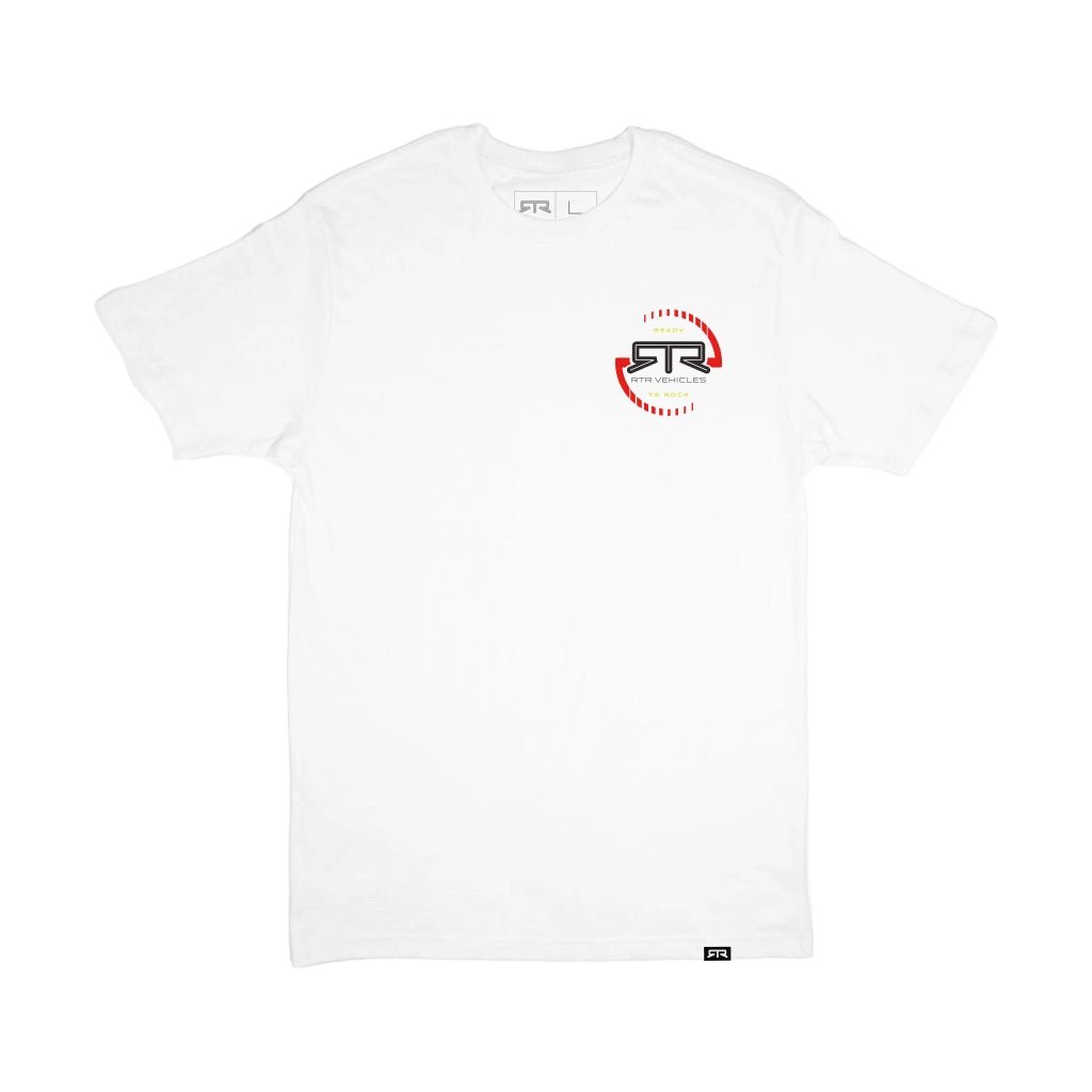 Back view of the RTR Vehicles Rotate White short sleeve t-shirt with the RTR Rotate Ready to Rock logo in Red, Black, and Hyperlime.