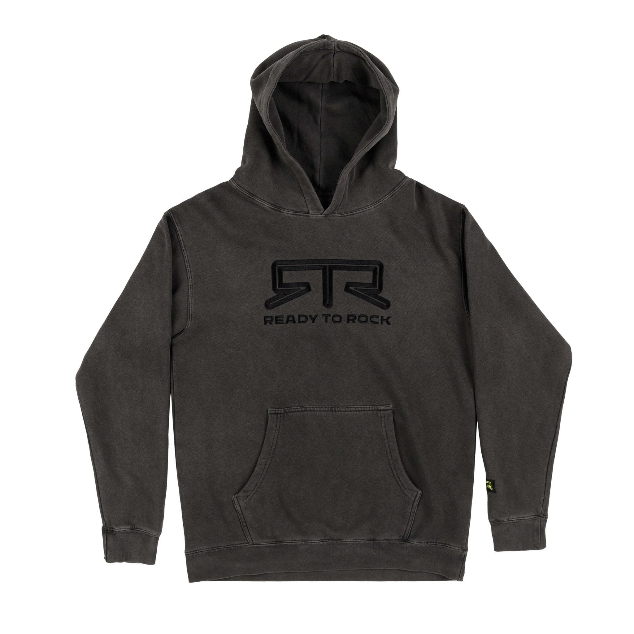 RTR Tonal Logo Hoodie featuring a raised tonal logo and READY TO ROCK embroidery, with a double-lined hood and Hyper Lime RTR tag on the sleeve.