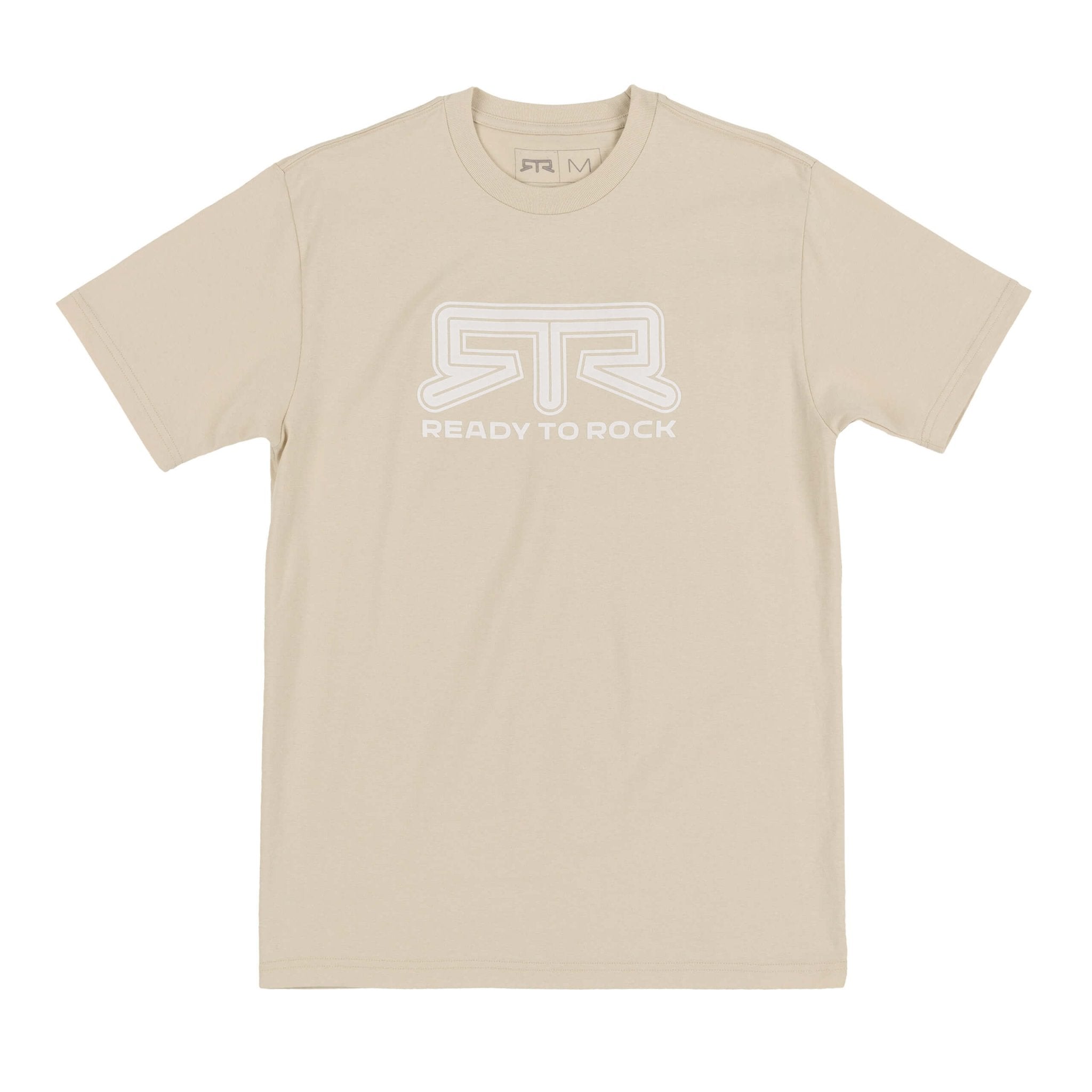 RTR Tonal Logo T-Shirt featuring white text on a tan fabric, showcasing the RTR logo with Ready to Rock beneath, ideal for casual wear.