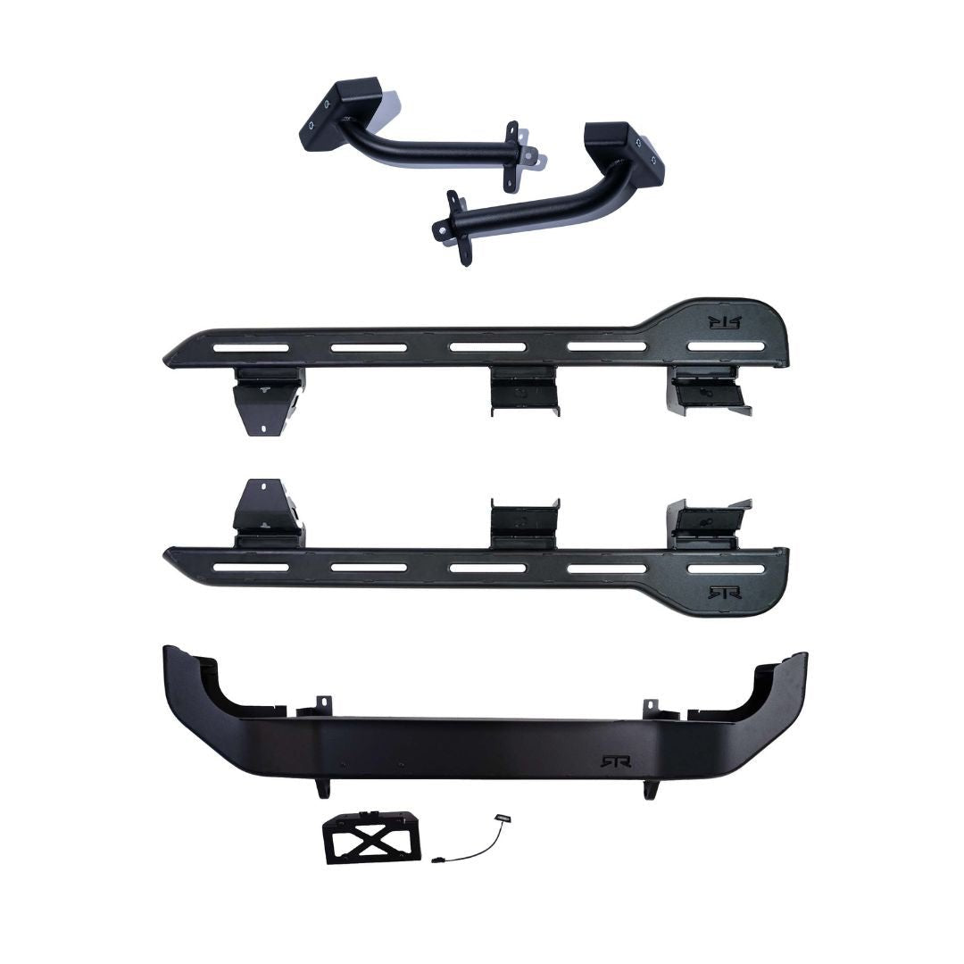 RTR Trail Protection Bundle for 21+ Bronco: includes side-steps with mounting arms, side-rails, end-cap, and license-plate mount, all in black powder-coated steel with RR logo.