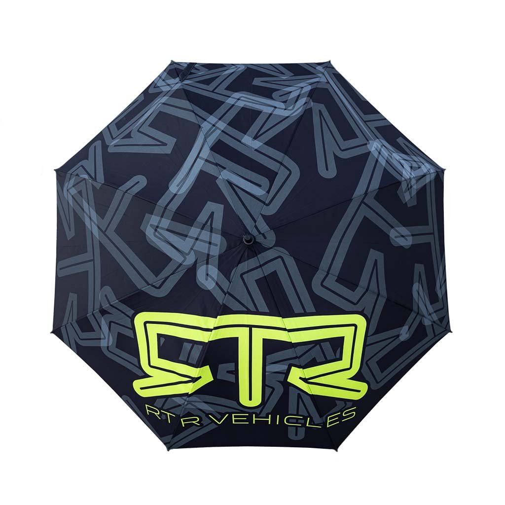 RTR Umbrella featuring a bold Hyper Lime RTR logo on a black canopy, designed for easy use with one-button open and velcro strap closure.