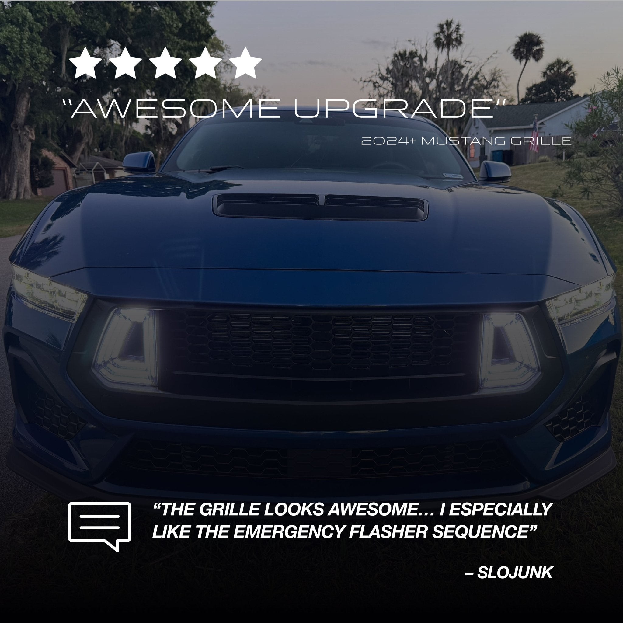 Blue Ford Mustang with 2024+ aftermarket grille featuring integrated LED lights, showcasing the S650 Cold Air Package for enhanced performance and style.