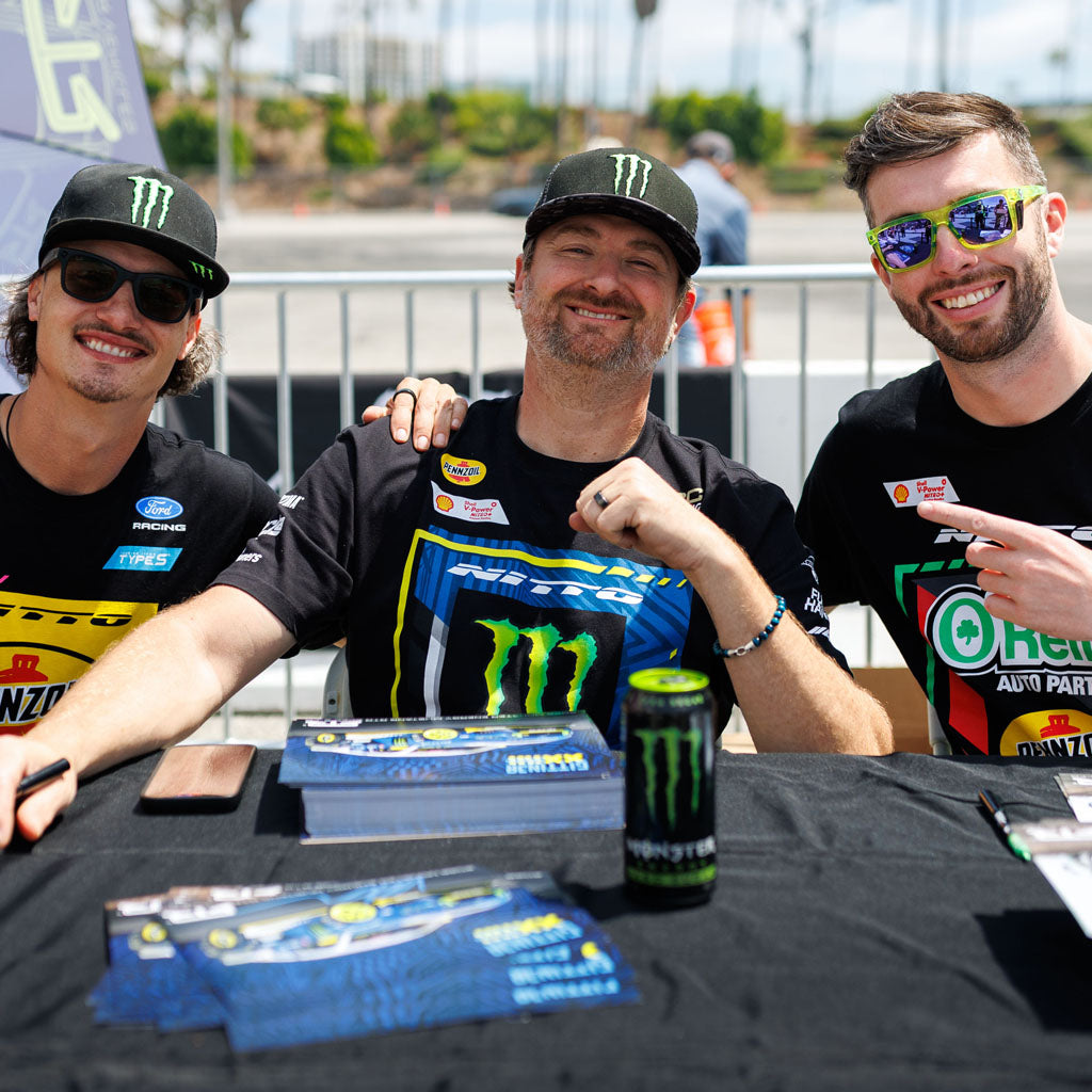 Vaughn Gittin Jr. wearing his 2026 RTR Drift Team Black T-Shirt with Ben Hobson and James Deane.