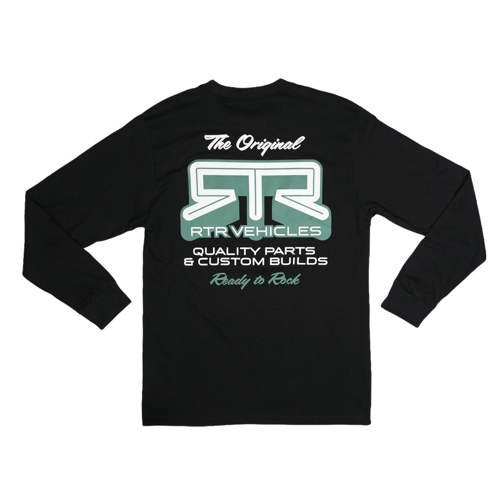 RTR Vehicles Back Roads long sleeve t-shirt in black, with green and white RTR Back Roads logo.