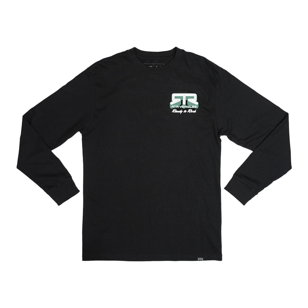 RTR Vehicles Back Roads long sleeve t-shirt in black, with green and white RTR Back Roads logo on left chest.