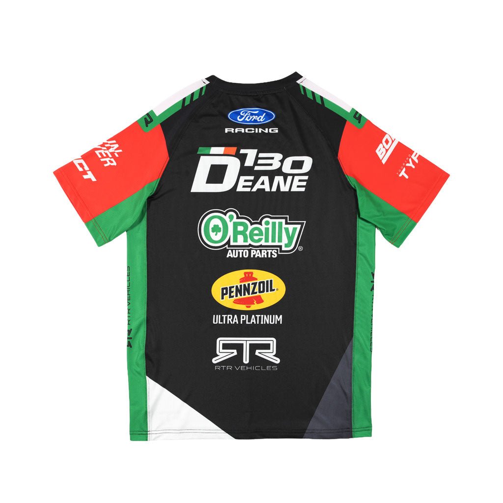 Back view of the James Deane 2026 RTR Drift Team Sublimated Shirt in black, red, and green with O'Reilly Auto Parts, Pennzoil Ultra Platinum, and Nitto sponsor logos.