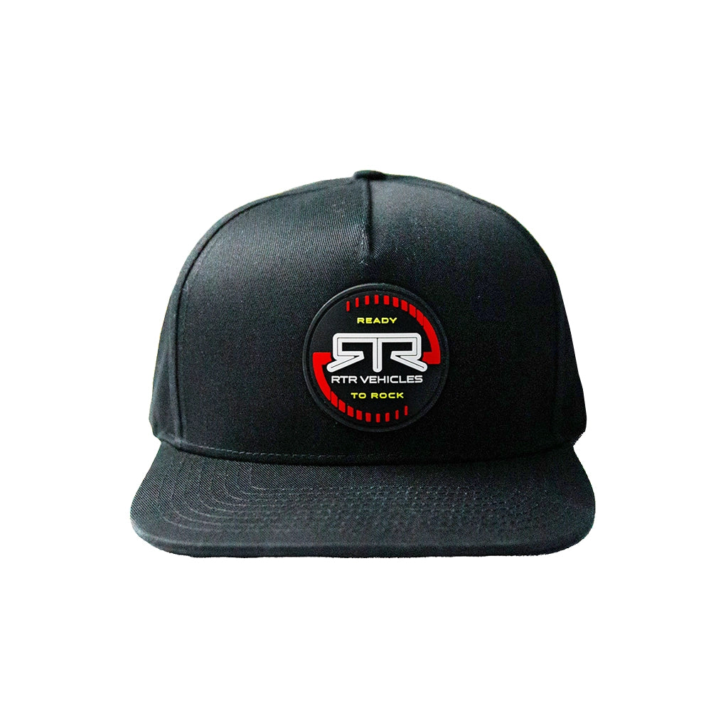 Front view of the RTR Vehicles Rotate Black snapback hat with the RTR Rotate sewn on rubber logo patch.