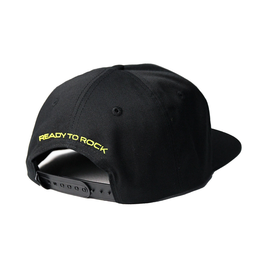 Right rear view of the RTR Vehicles Rotate Black snapback hat with the RTR Rotate sewn on rubber logo patch.