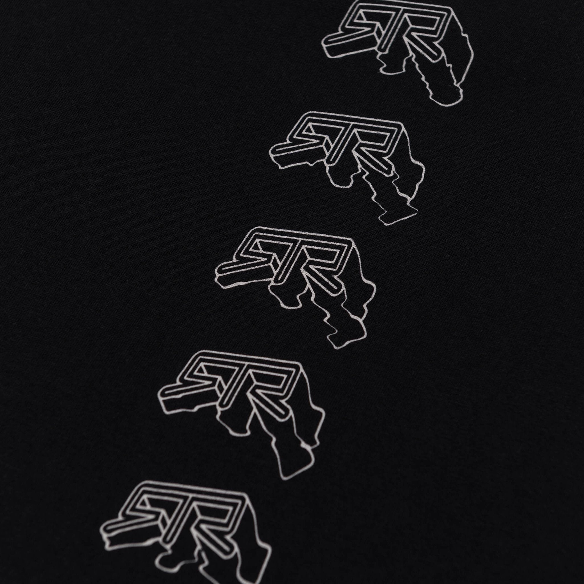 RTR Warped T-Shirt featuring a series of white, distorted logos on black fabric, inspired by race circuits, showcasing a dynamic graphical design.