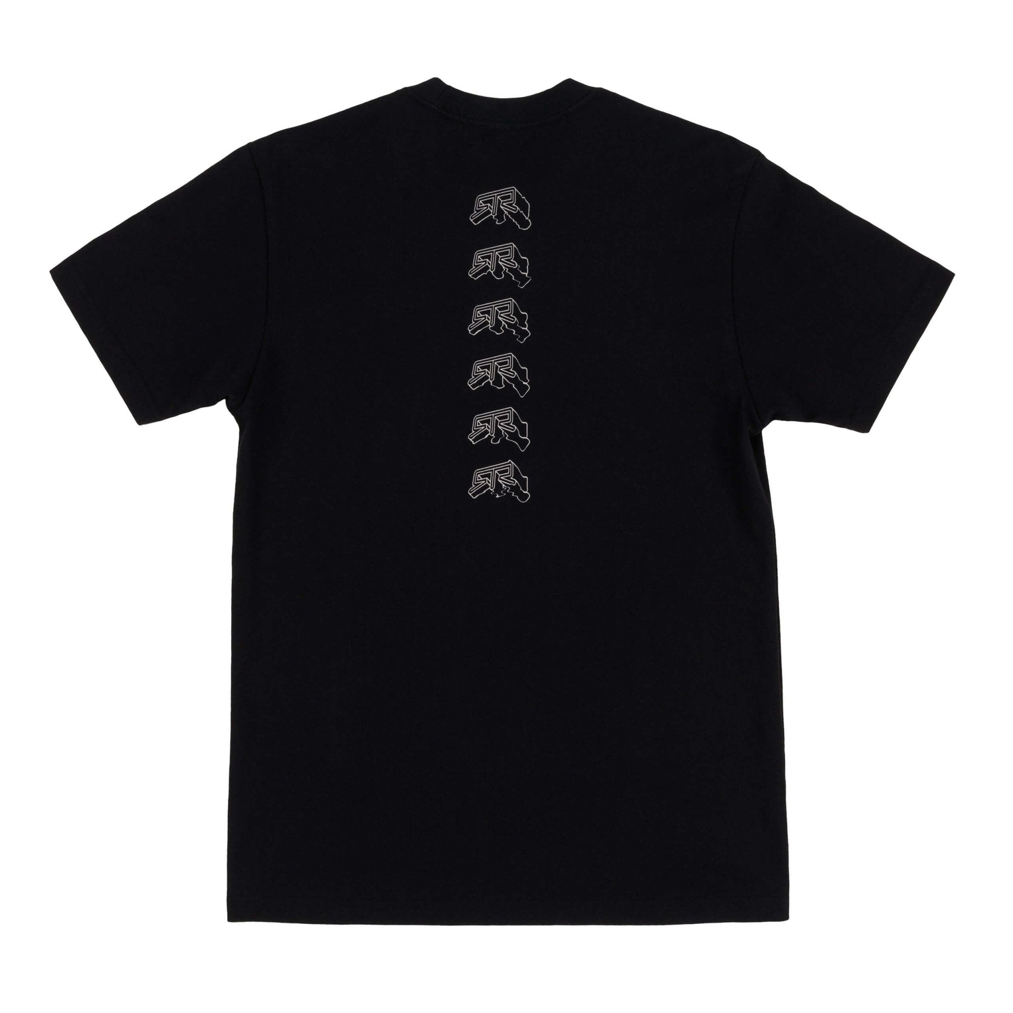 RTR Warped T-Shirt's back view shows a series of uniquely distorted RTR logos running down the spine, emphasizing a dynamic, ever-moving design.
