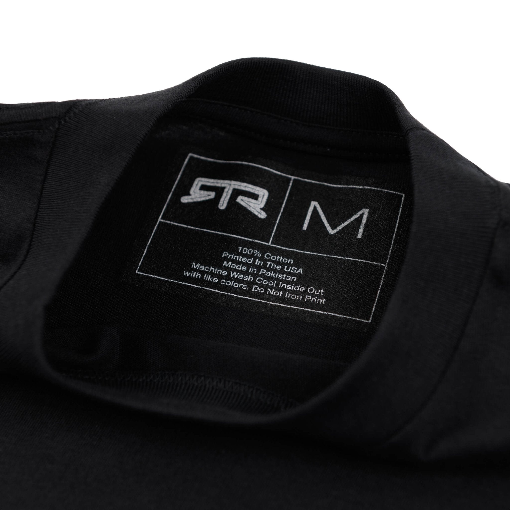 RTR Warped T-Shirt featuring a 3D warped RTR logo with dynamic lines on black fabric, emphasizing speed and race circuit flow.