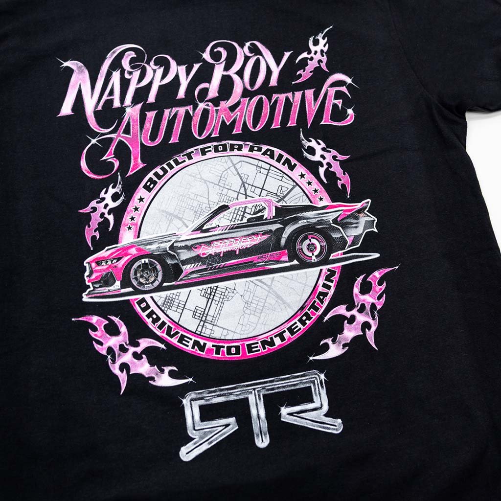RTR x Nappy Boy T-Shirt celebrating T-Pain and RTR, featuring design elements from T-Pain's 2025 Mustang RTR Spec 5-D, ideal for motorsport and music enthusiasts.