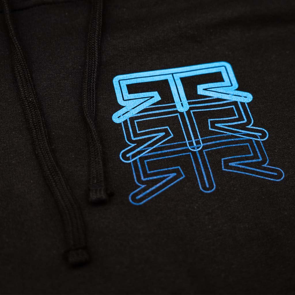 RTR X-Ray Hoodie featuring an electric blue wireframe Mustang design on the back and RTR® logo on the front. Premium cotton-polyester blend for comfort and warmth.