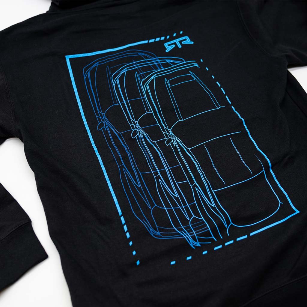 RTR X-Ray Hoodie featuring a blue wireframe Mustang RTR design on the back and RTR logo on the front, made from a cotton-polyester blend.