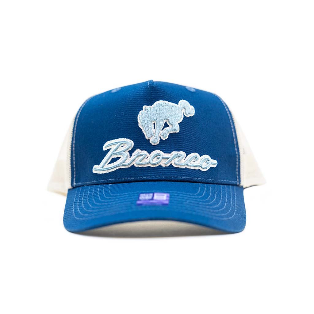 Blue and white cap with 'Bronco' logo on a white background
